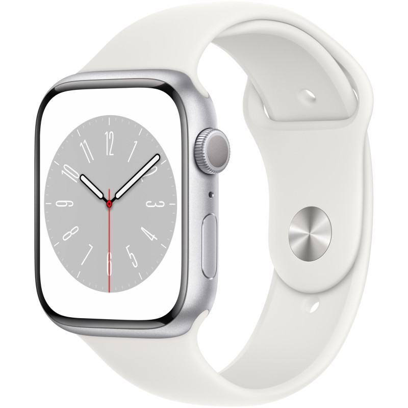 Apple Watch 8, GPS, Carcasa Silver Aluminium 45mm, White Sport Band