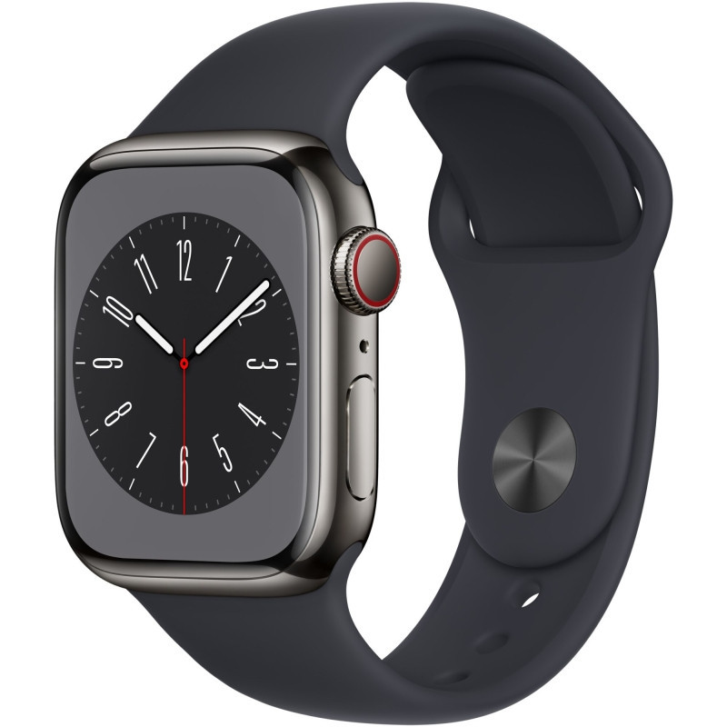 Apple Watch 8, GPS, Cellular, Carcasa Graphite Stainless Steel 41mm, Midnight Sport Band